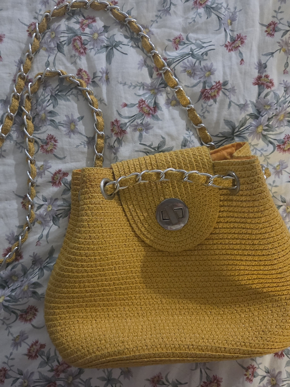 Yellow Woven Shoulder Bag with Chain Strap